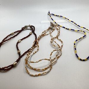 Three White Gold Blue Yellow Single Strand Seed Bead Necklaces